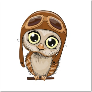 Cute little owl with big eyes and an aviation hat Posters and Art